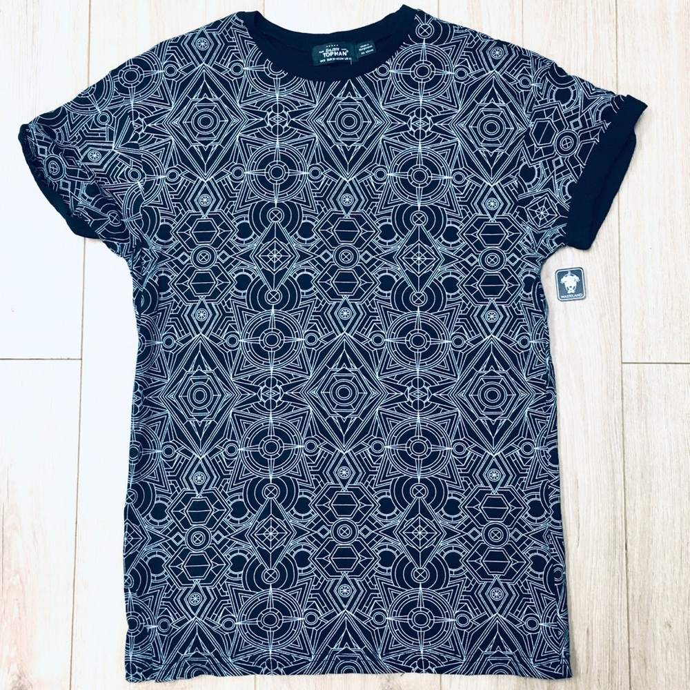 Topman Mens Black Geo Print Tee shirt top retro new tags black white preppy